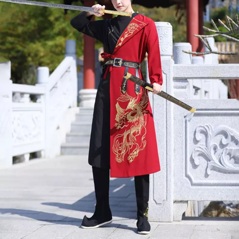 Uomo stile cinese Cosplay Hanfu ricamo Hit Color Dragon Totem ricamo abito cintura ricamata costumi etnici tradizionali