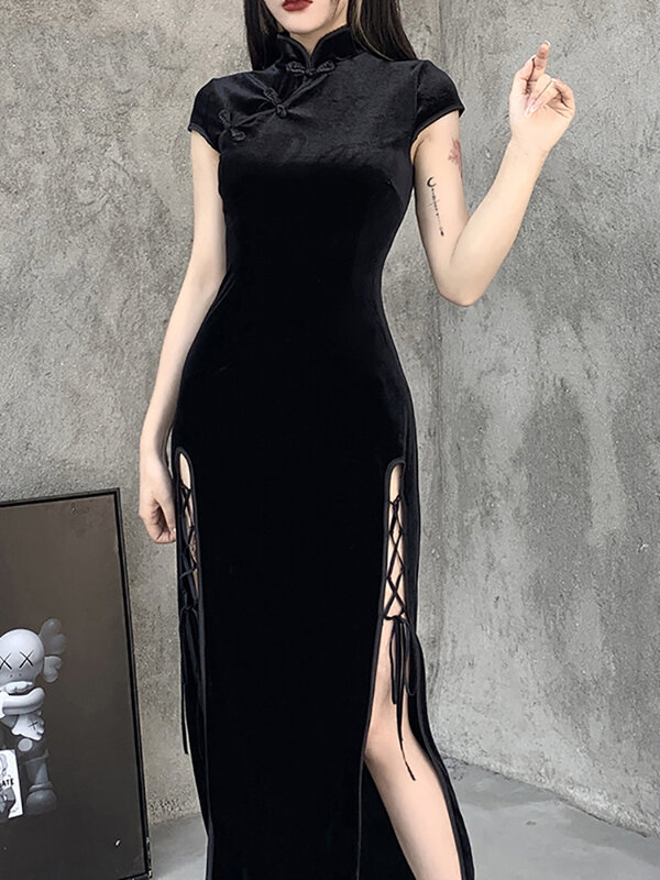 Goth abiti romantici romantici in velluto gotico scuro abito Vintage aderente con fasciatura nera da donna vestito da sera Sexy Cheongsam