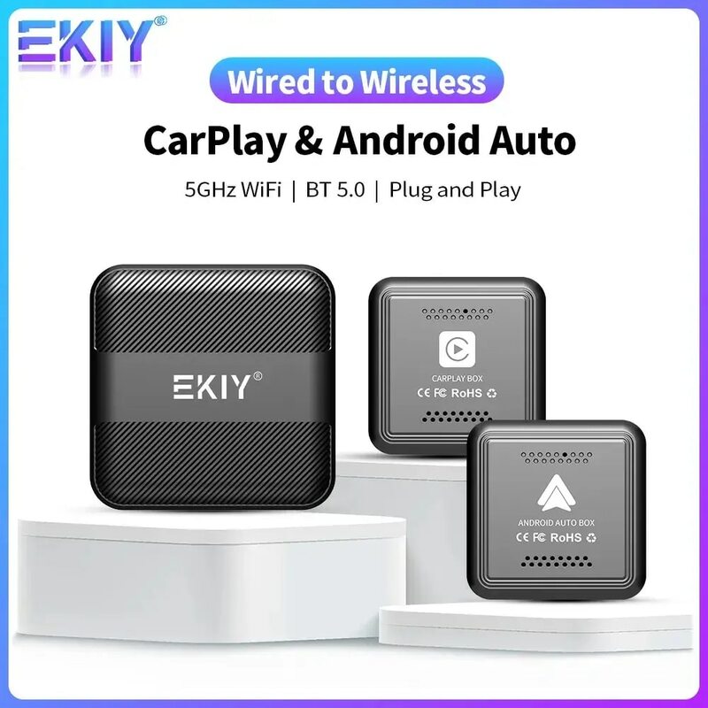 EKIY-Mini caja de reproducción de coche con cable a Carplay inalámbrico, adaptador automático de Android, Smart Ai Box, Bluetooth, WiFi, Spotify Connect, enchufe USB inteligente