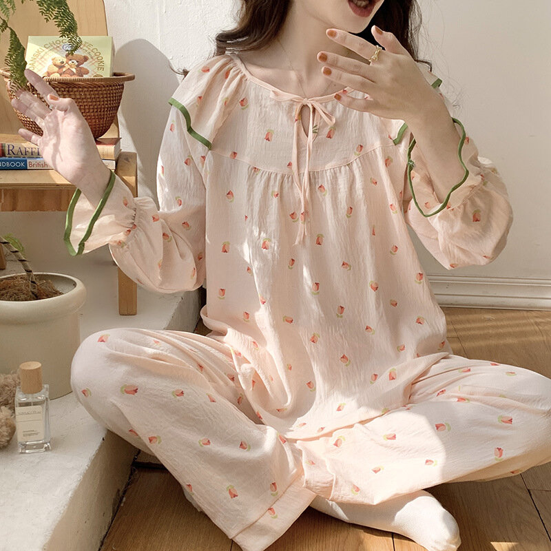 Ensemble de pyjama imprimé coréen doux pour femmes, manches longues, vêtements de nuit décontractés pour dames, coton trempé à la maison, fjSets, printemps, automne, nouveau