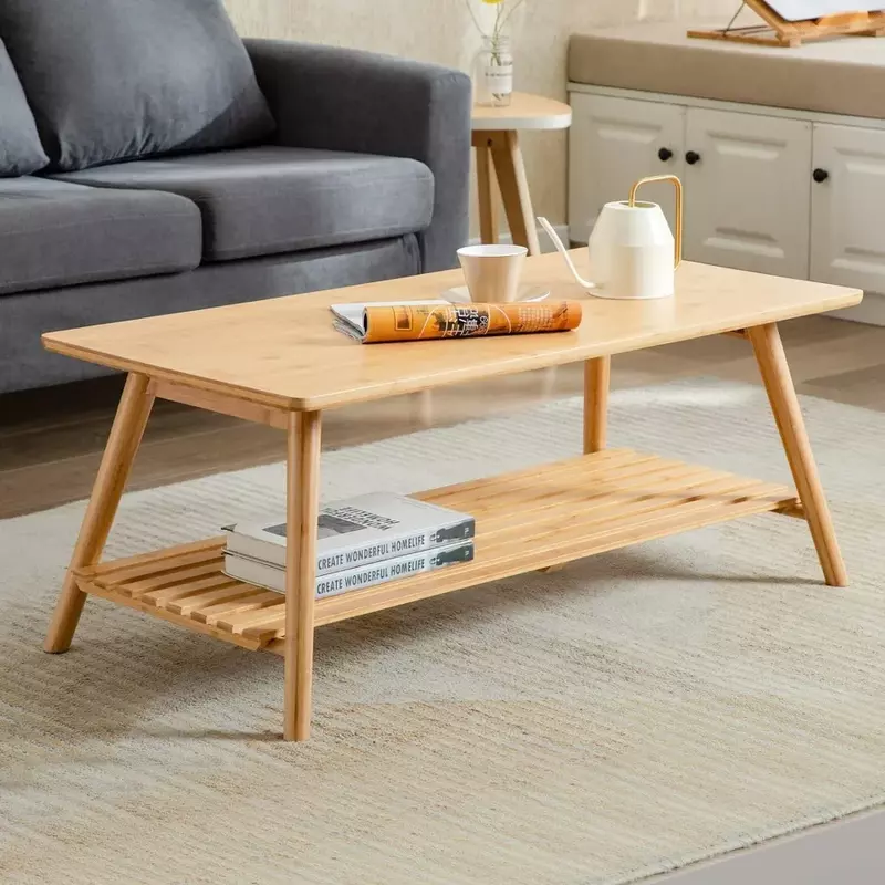 Coffee Table, Foldable Bamboo Mid Century Desk TV Stand, Coffee Table
