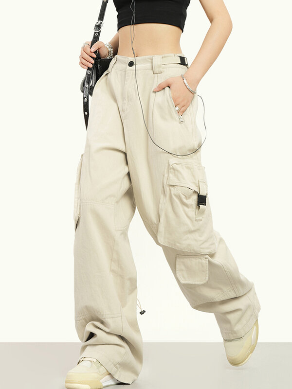Streetwear vintage estilo coreano, calças de carga, jeans largos, bolsos, calças retas, jeans casual de perna larga, Y2K