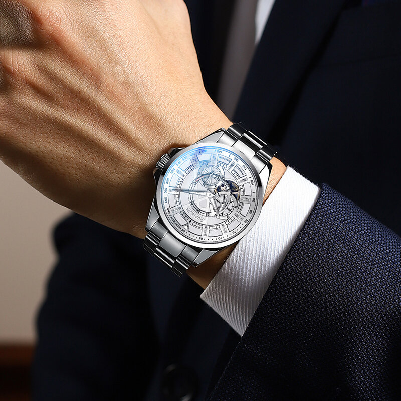 GUANQIN-Relógio de pulso mecânico automático masculino, aço inoxidável, relógio luminoso, moda relógios de luxo, Novo, 2024