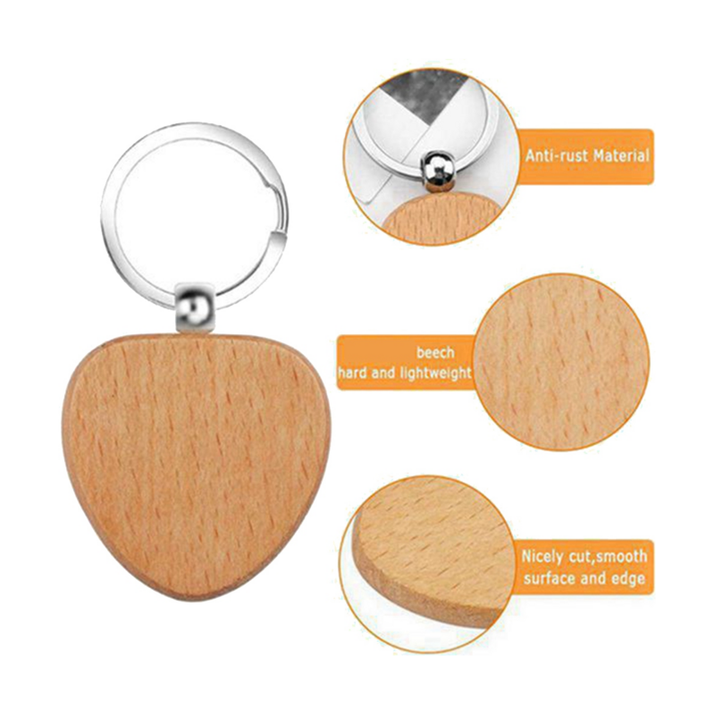 Пустая деревянная цепочка для ключей в форме сердца, 50 шт., деревянная бирка для ключей «сделай сам», деревянные аксессуары против потери, бирки, можно гравировать, DIY подарки
