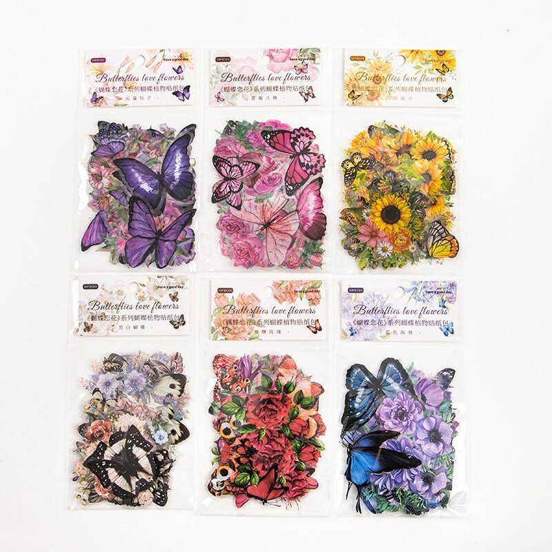 50 Buah Stiker Kupu-kupu Bunga Decal Dekoratif Alam untuk Pembuatan Kartu Jurnal Kolase Perencana Kerajinan DIY