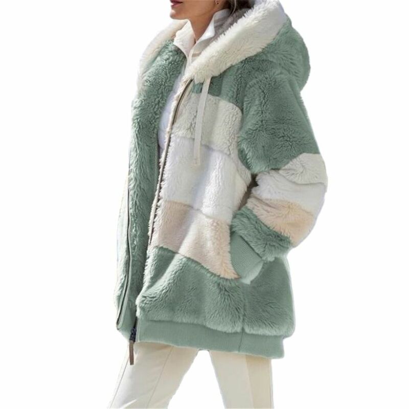 Jaqueta de pele sintética para mulheres, casaco com zíper, patchwork, solto, costura, xadrez, velo, quente, casual, casacos, roupas femininas, inverno