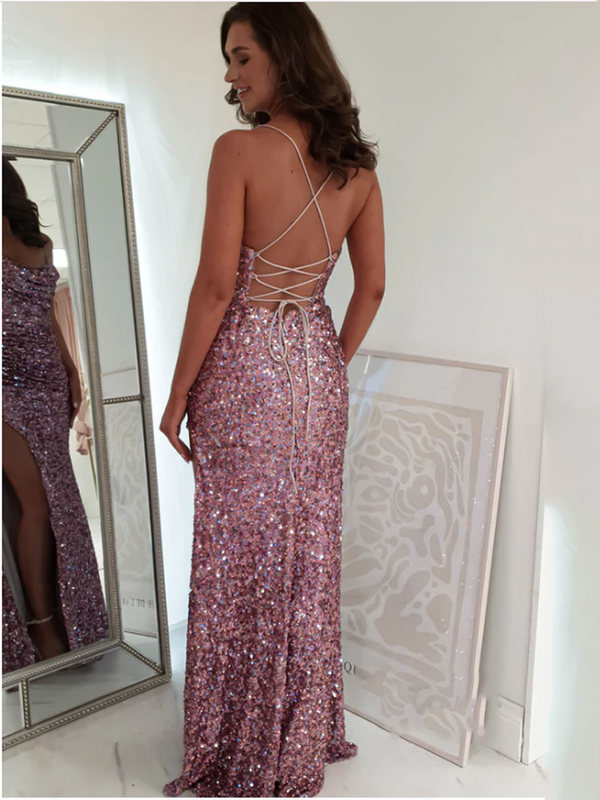 Oisslec Evening Dress Leg Splits Prom Dress Sequins Fromal Dress Tight Celebrity Dresses Folds Party Dress Backless Customize