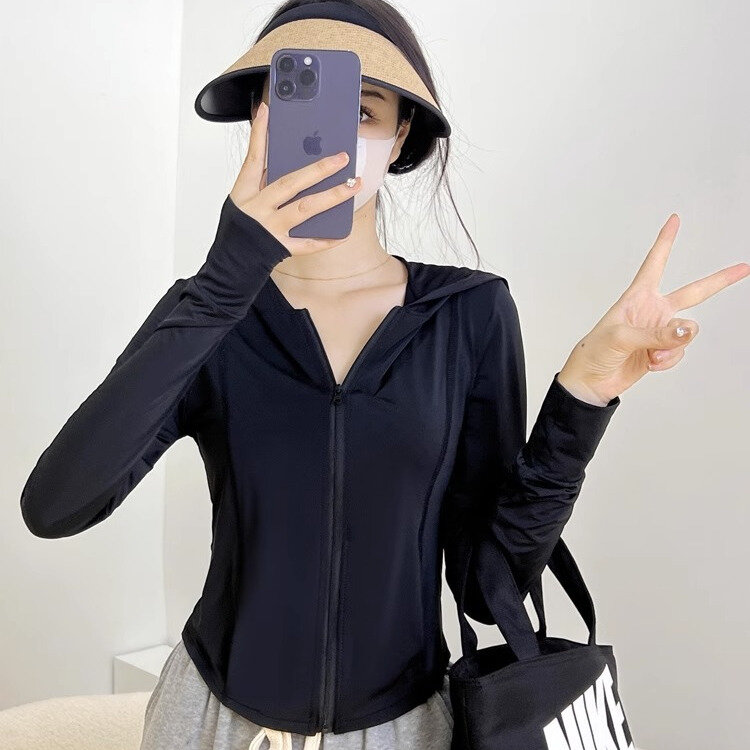 Sun-Proof Zip Up Hooded T-Shirts Women Y2K Harajuku Sexy Slim Crop Tops Streetwear Casual Basic Tees Tracksuit Coat