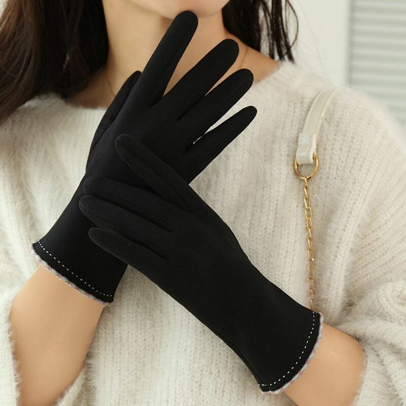 Sarung tangan Ski jari untuk wanita, sarung tangan layar sentuh hangat sederhana luar ruangan, sarung tangan beludru gaya Korea untuk wanita