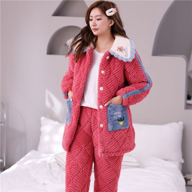 Conjunto de pijama de algodão acolchoado feminino, loungwear feminino, três camadas, veludo fino e quente, terno longo para roupas domésticas, casual e fofo, inverno