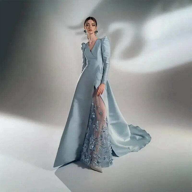 Стильные элегантные трапециевидные атласные с V-образным вырезом и длинным рукавом тюлевые синие 3D Цветочные наклейки сексуальные модные роскошные строгие платья с разрезом сбоку