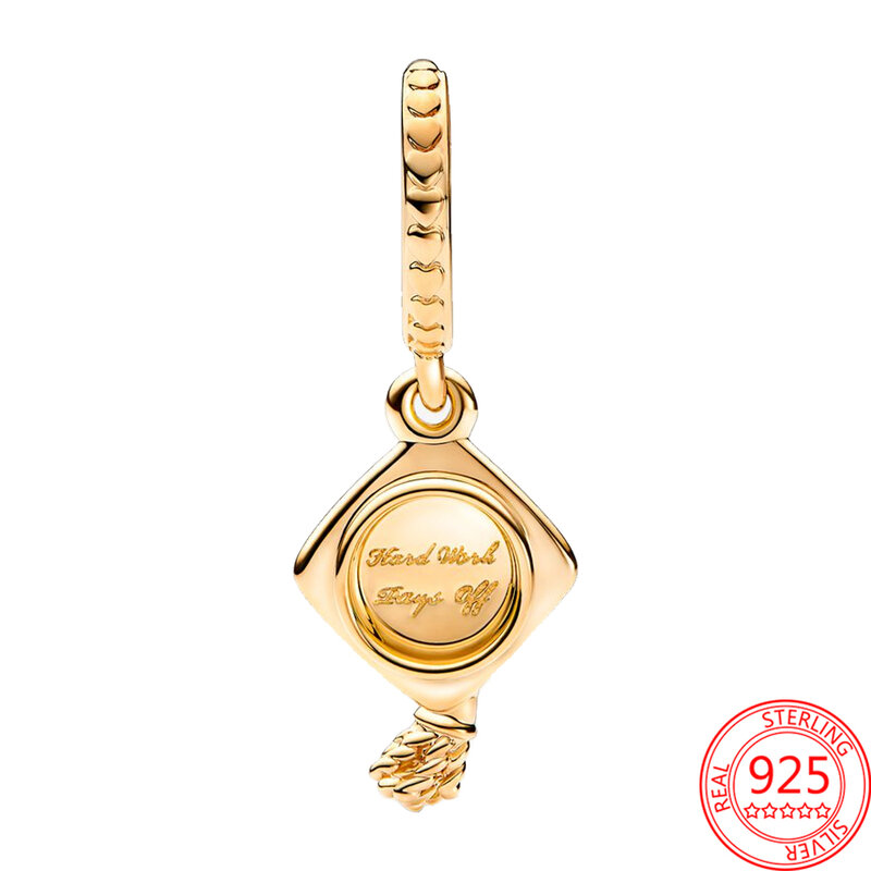 Colgante clásico de Plata de Ley 925 para mujer, abalorio con tapa de graduación chapada en oro de 14 quilates, compatible con pulsera y collar Pandora, regalo de joyería