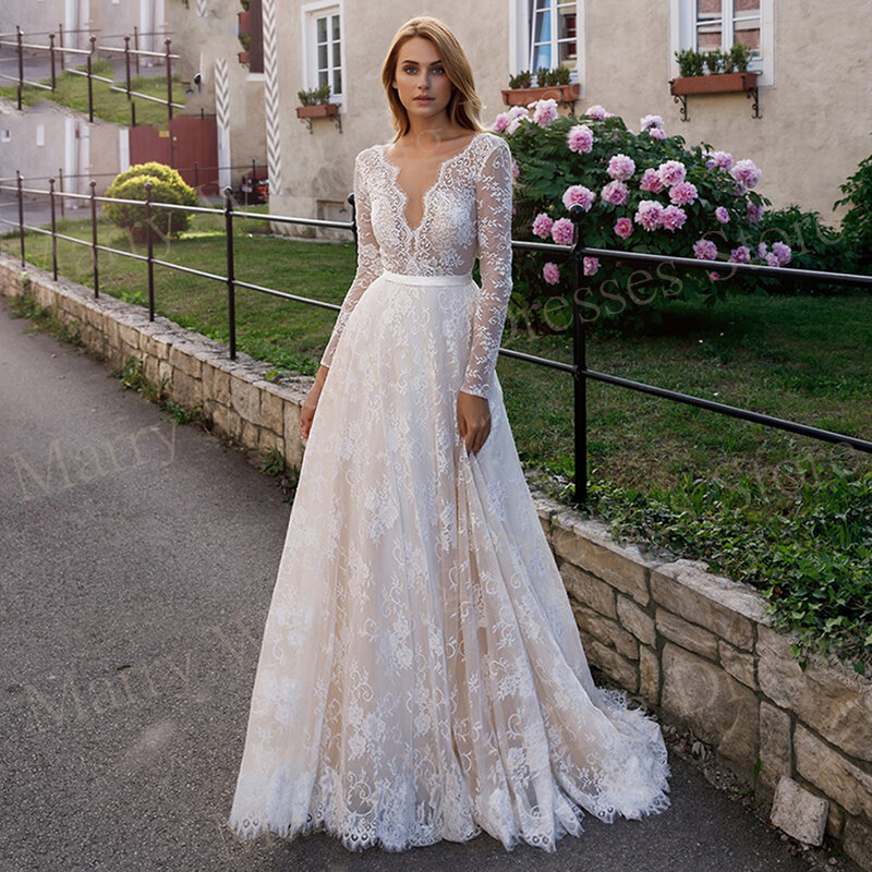 2024 exquisite anmutige eine Linie Frauen Brautkleider elegante Spitze Applikationen Brautkleider Langarm Illusion Robe de Mariée