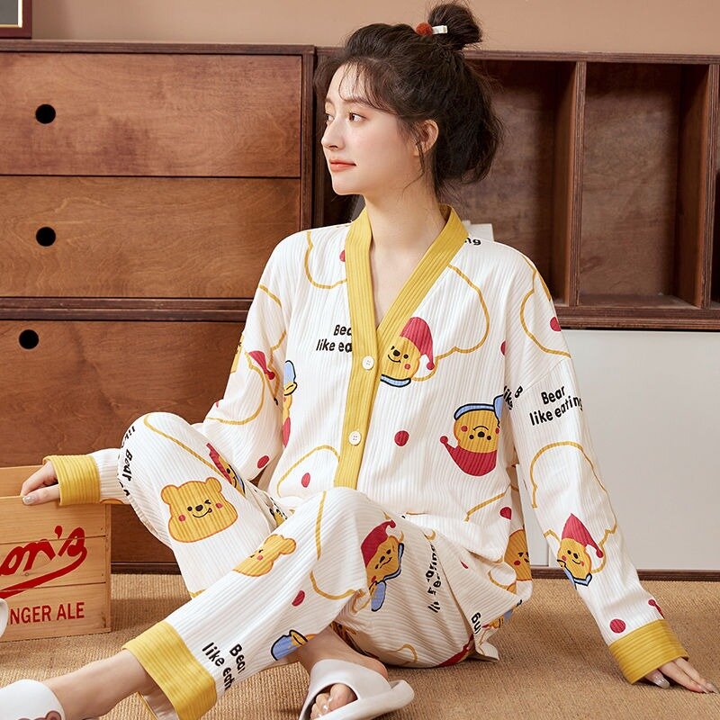 Conjunto casual de pijama feminino manga longa com decote em v, terno caseiro feminino, cardigã simples, pijama da moda, tamanho grande, primavera, outono, 2022