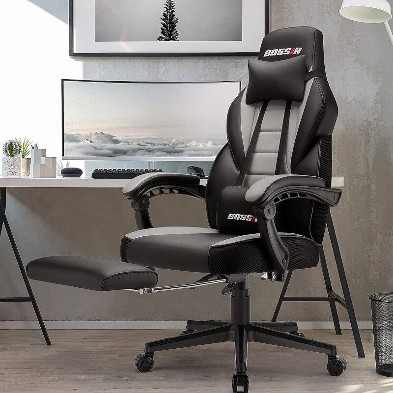 BOSSIN kursi Gaming ergonomis dengan pijat, desain tugas berat dengan penyangga kaki dan penopang pinggang, bantal ukuran besar