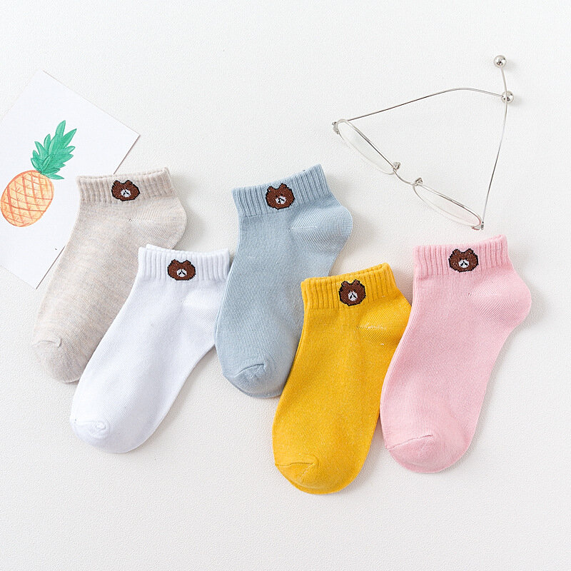 5 парт/лот женские хлопковые носки, Забавные милые повседневные носки-лодочки, весенне-летние носки с фруктовыми полосками, с заниженной талией Love Bear