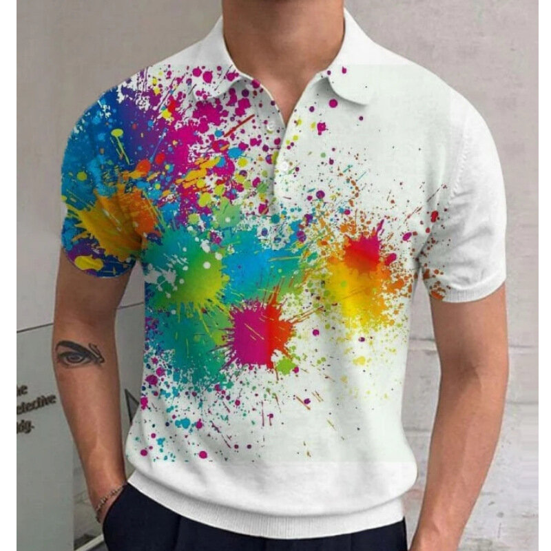 Kolorowa koszulka Polo z nadrukiem tęczowy pasek 3D dla mężczyzn modna, z klapami koszule z krótkim rękawem bluzka golfowa typu Casual koszule na guziki