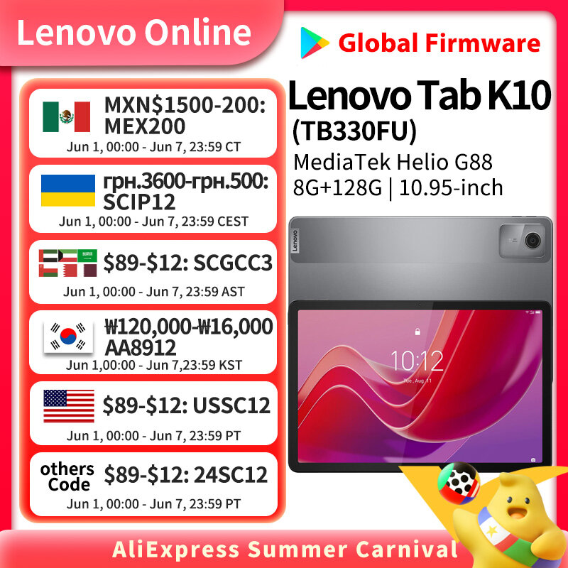Lenovo-Zhaoyang Tab K10, ROM Global, M11, 10.95 ", 90Hz, WiFi, MediaTek Helio G88, Reconhecimento Facial, 465g, 7040mAh, Carregador 10W