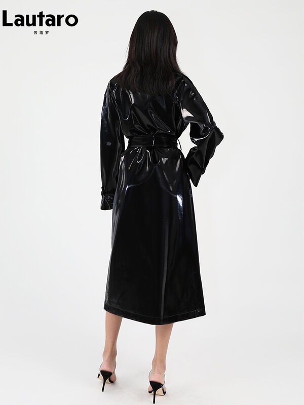 Lautaro 여성용 롱 샤이니 반사 에나멜 가죽 트렌치 코트, 럭셔리 디자이너 런웨이 유럽 패션, 봄 가을