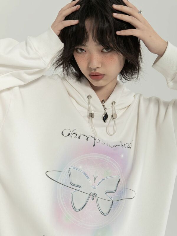 여성용 맨투맨 후드티, 긴팔 프린트 빈티지 코트, 한국 패션, 캐주얼 Y2K, 가을 코튼 재킷