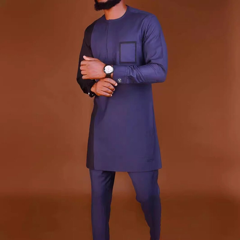 Men's luxury fashion leisure navy blue geometric print two-piece set