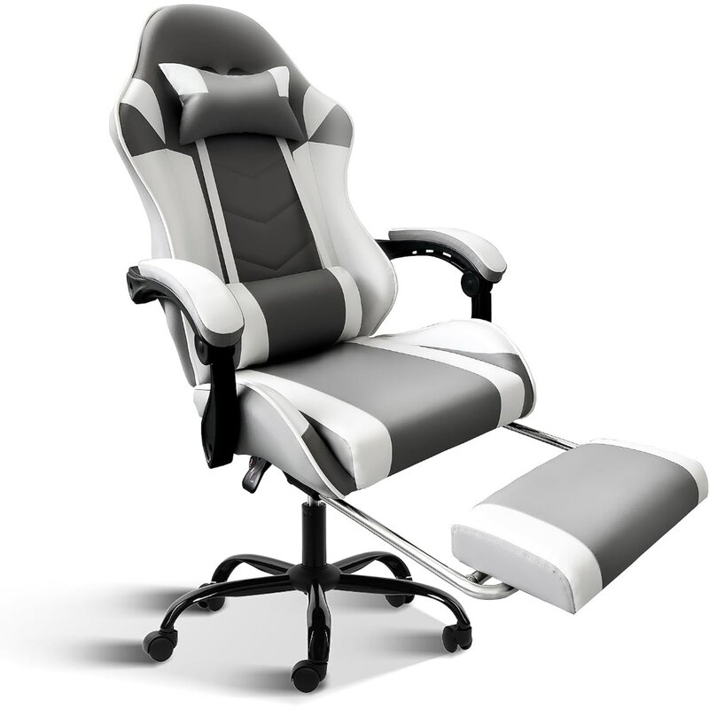 Silla de Gaming blanca con reposapiés, grande y alta, estilo de carreras, giratoria ajustable, silla de oficina