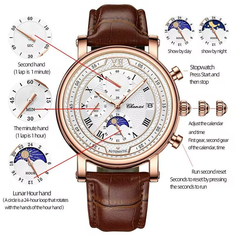 Chenxi 976 Leder Chronograph Datum Herren Phase des Mondes Timing Business leuchtende Quarzuhr relojes para hombres