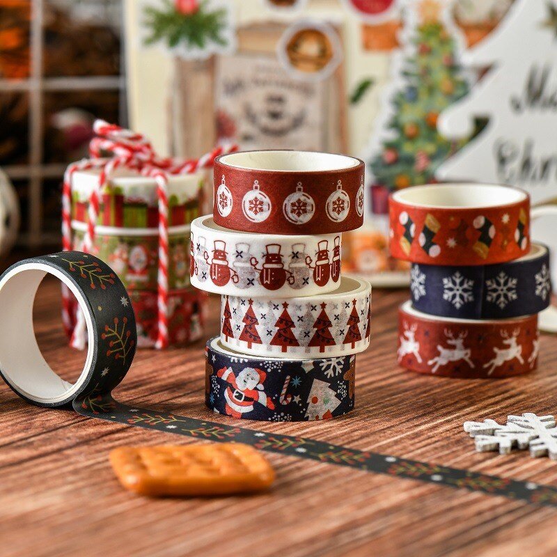 自己粘着性のクリスマスウォッシュテープセット、装飾的なスノーフレーク、鹿、木、贈り物のためのラッピング、スクラップブッキング、6ロール