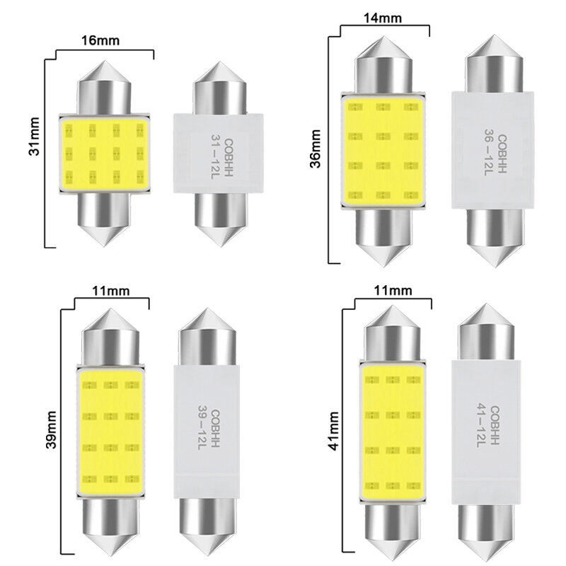 Festoon LED COB pour voitures, ampoules blanches, planner, plaque, lampe de lecture intérieure, 6500K, 12SMD, 1 PC, C10W, C5W, 31mm, 36mm, 39mm, 41mm, 42mm, 12V