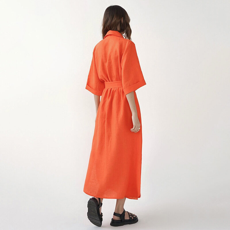 Falda larga de algodón y cáñamo para mujer, falda de línea a, vestido de cuello de traje, moda francesa, 2024