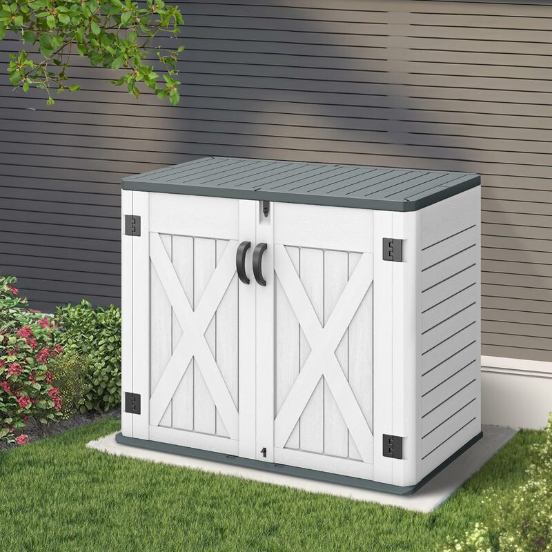 Outdoor Horizontal Storage Shed with X-Shaped Lockable Door 35 Cu Ft Weather Resistant Resin Tool Shed w/o Shelf, Ideal for Bike