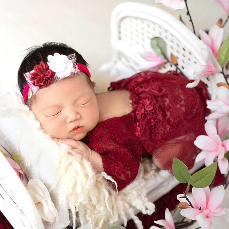 Roupas com fotos de bebê Princesa Macacão de renda Flor Tiara Romper Meia Manga Recém-nascidos Decorações para festa de banho