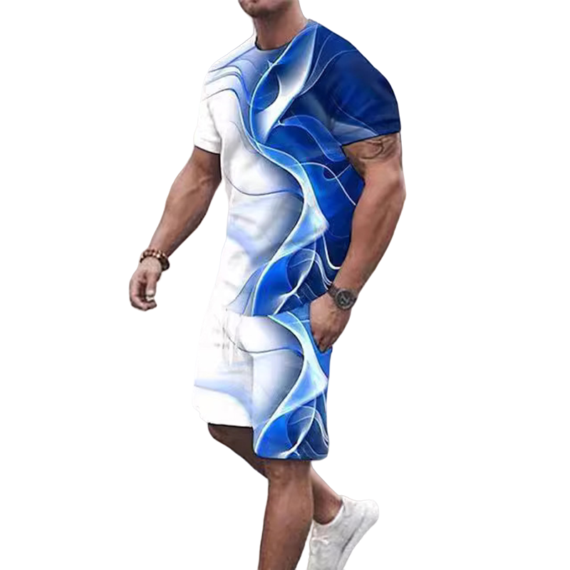 Asian size Europe and the United States new 3D digital printed men's casual fashion sports men short sleeve up and down two sets
