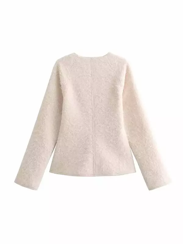 Casaco de lã de mangas compridas feminino, com alça de metal, decote V solto, textura macia, top chique retrô, nova moda, 2024