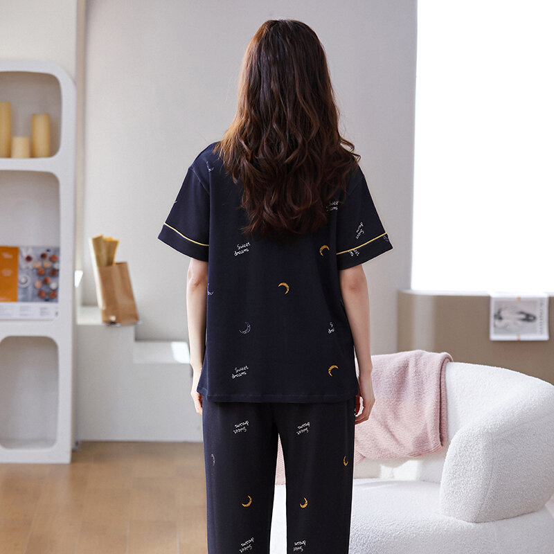 M-3XL Women Pajamas Set Turn-down Collar Pyjamas Loose Home Clothes 100% Cotton Sleepwear for Summer