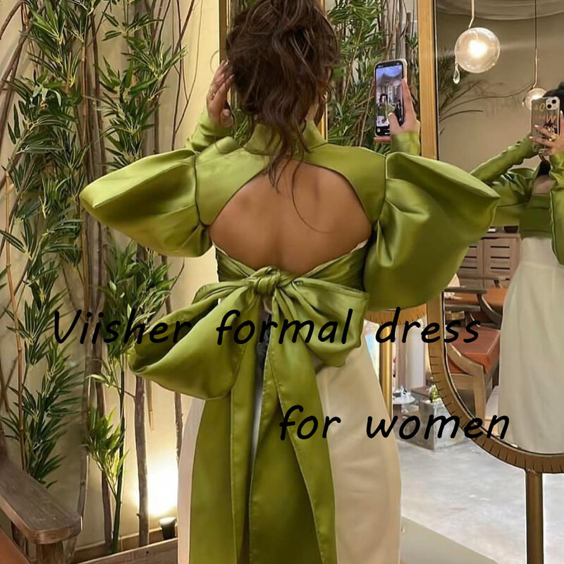 Green Ivory Satin Mermaid Evening Dresses Long Sleeve High Neck Arabic Dubai Formal Prom Dress Knee Length Party Gowns Backless