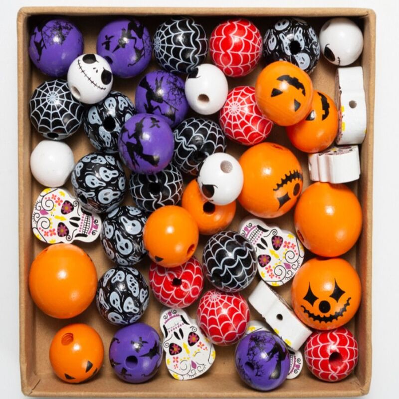 Perles en bois colorées de grimace de crâne d'Halloween, artisanat de décoration en bois personnalisé, jouets d'enfants, accessoires de gland de ULde chanvre, bijoux, nouveau