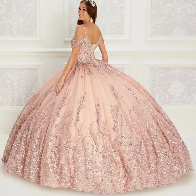 우아한 오프숄더 성인식 드레스, 반짝이는 아플리케 비즈 볼 가운, 핑크 멕시코 스위트 16 드레스, 15 아노스