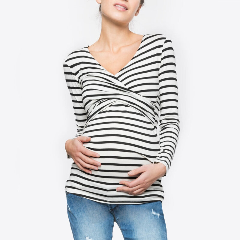 Nowa koszulka dla kobiet w ciąży ciążowa bluzka karmiąca piersią bluzka z długim rękawem w paski ciążowa do karmienia piersią koszula