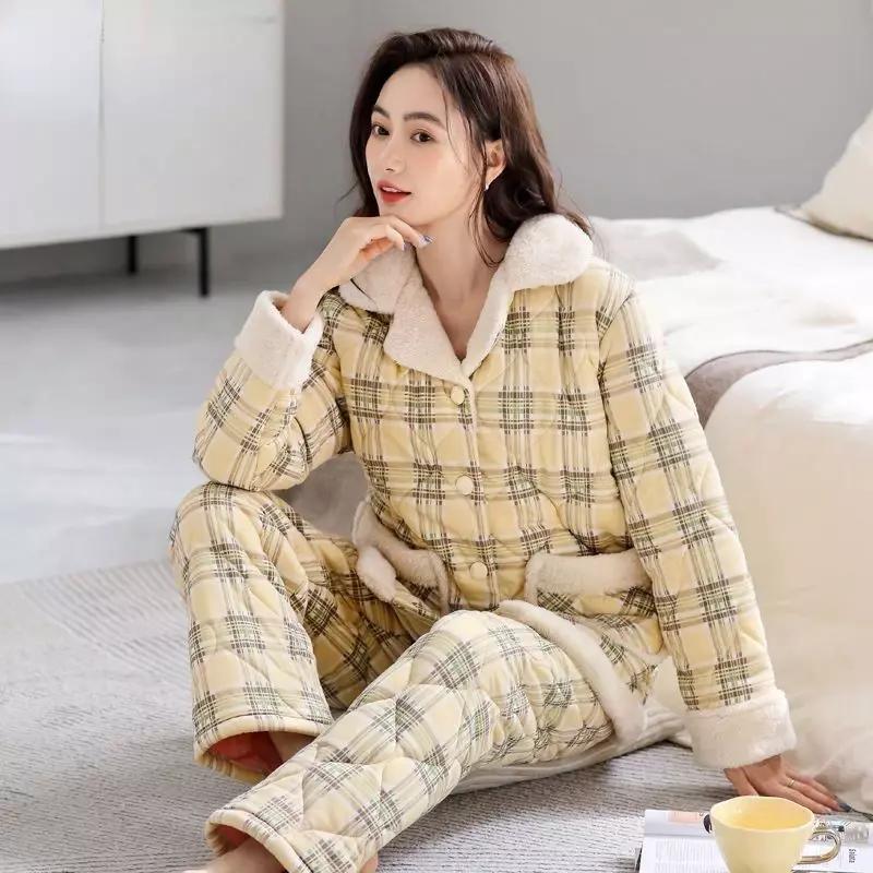 Woven Quilted Pajamas Winter New Women Three Layers Warm Plush Thicken Homewear Casual Female Stand Collar Sleepwear Set 2024