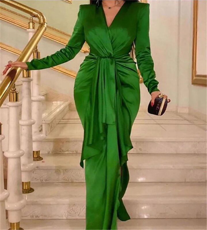 Robe de soirée sirène saoudienne verte simple, col en V, manches longues, grande taille, robe formelle, robe de Rh, robe de gala éducative, 2024, 2023