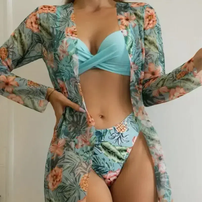 Комплект бикини из трех предметов, пляжная юбка, туники для пляжа, накидка, купальник, женский купальный костюм с оборками, летняя пляжная одежда
