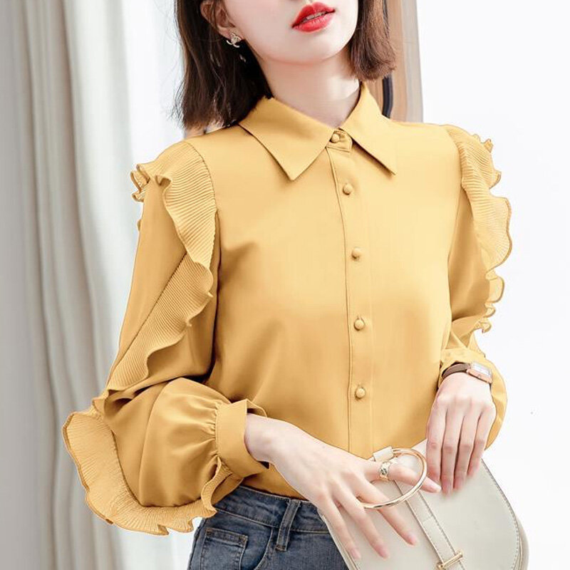 2023 Spring and Autumn Commuter Simple Professional Suit Collar Wood Ears Long Sleeve Button Cardigan Solid Color Women's Shirt
