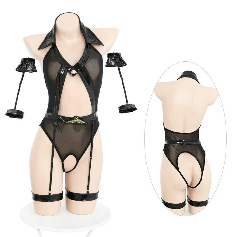 Оптовая продажа, Женская пикантная сетчатая прозрачная полицейская форма для ролевых игр, женское ажурное нижнее белье для косплея с открытой промежностью