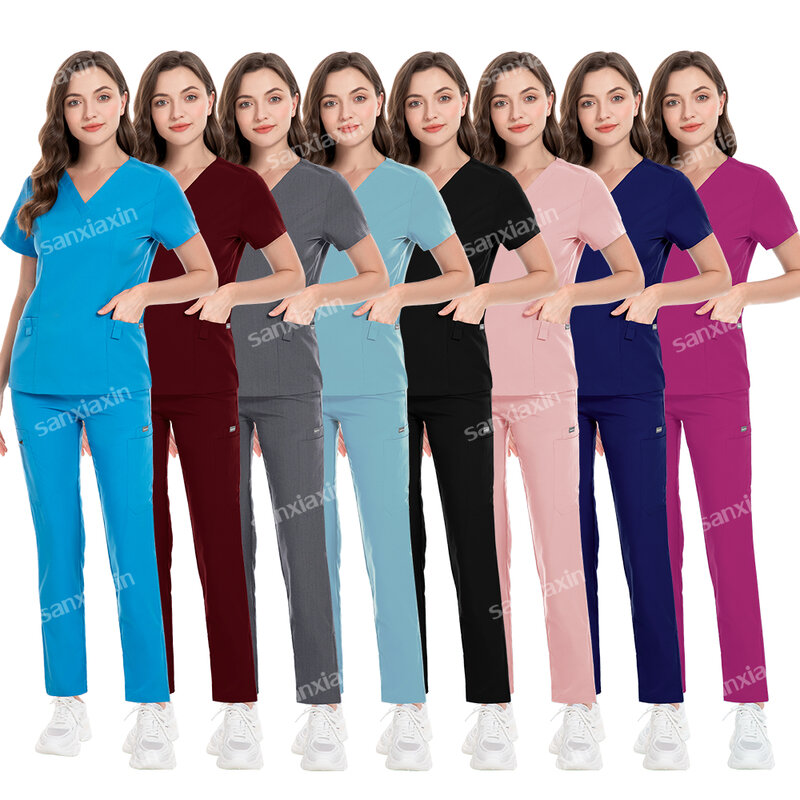 Celana lurus + atasan bersaku, kualitas tinggi seragam medis pakaian kerja Rumah Sakit seragam perawat wanita set scrub seragam kecantikan