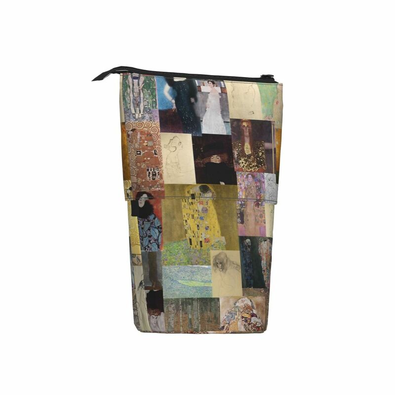 Klimt-Boîte à stylos de collage, sac à fermeture éclair pour l'école, sac de papeterie pour enfant, étui à crayons rétractable vertical