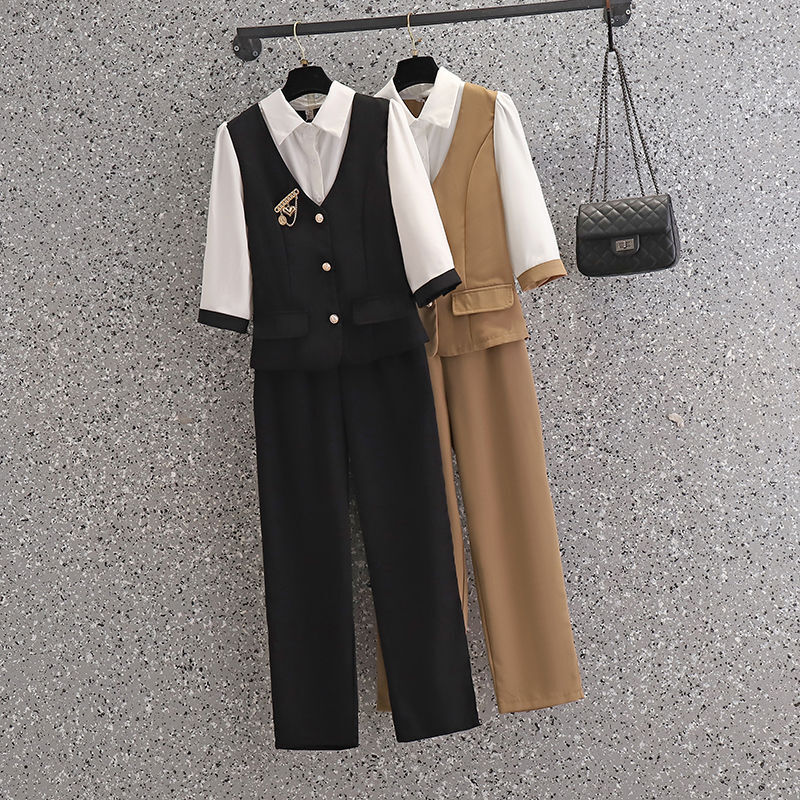 Camisa de gasa de manga corta empalmada para mujer, pantalones de pierna ancha informales, de dos piezas Conjunto elegante, trajes de oficina, ropa de verano