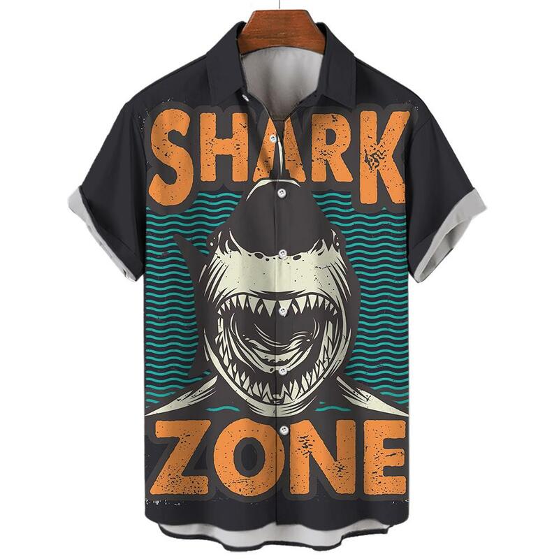 Camisa hawaiana de manga corta para hombre, camisa con botones de playa, estampado 3D de tiburón Animal, cuello de solapa informal, ropa Retro de moda, Hiphop, novedad