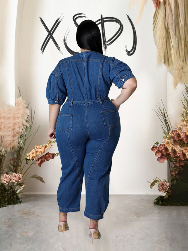 Kombinezon dresowy kobiet Plus Size ubranka jednoczęściowe noszenia w stylu Casual, letnia damski kombinezon zapinane na suwak spodnie jeansowe hurtowo Dropshipping