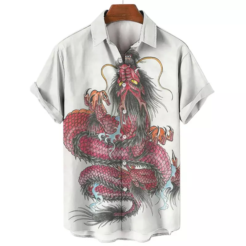 Camisa masculina elemento padrão de dragão, camisa havaiana vintage, roupas de rua grandes de manga curta, social casual, verão, novo, 2023